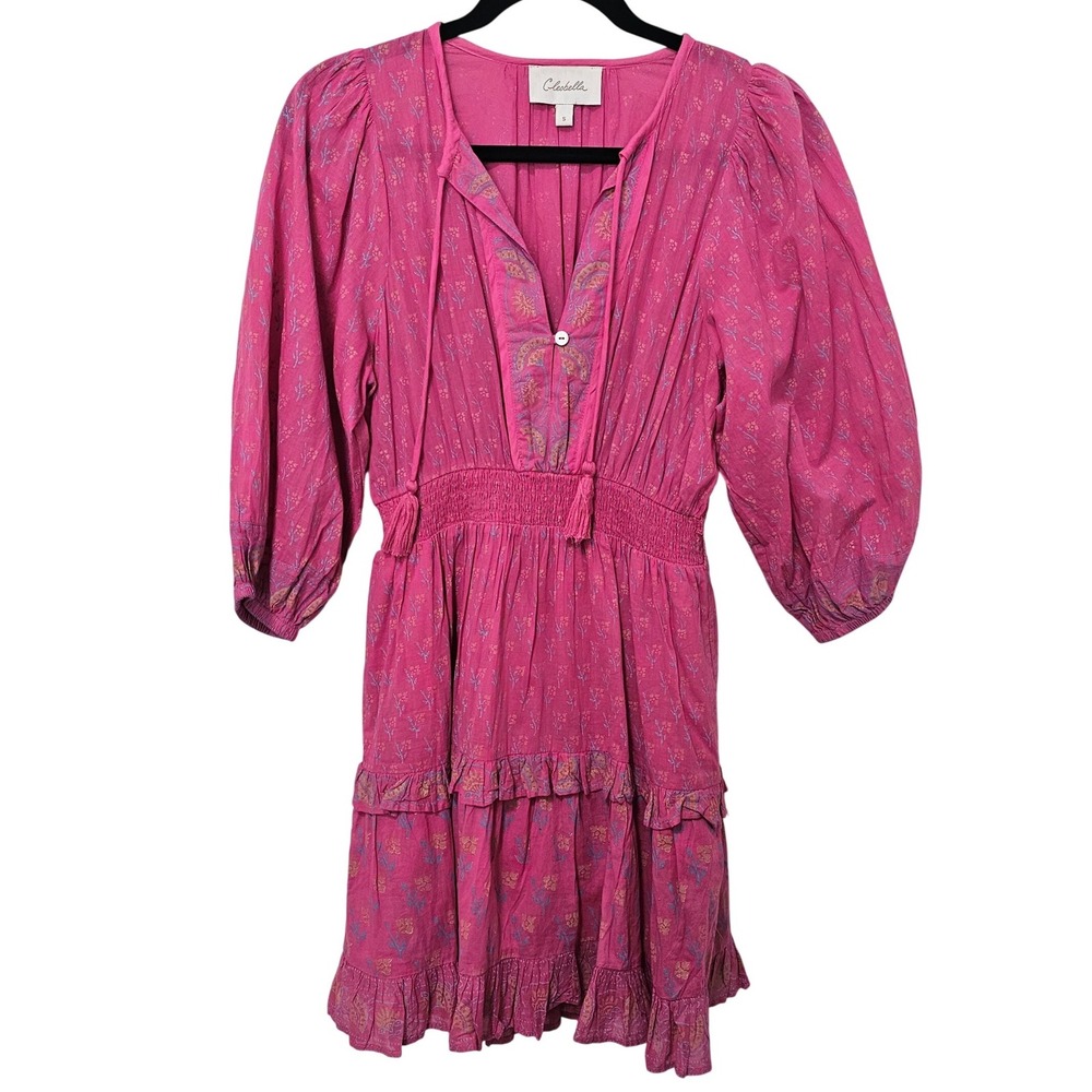 Cleobella Pink Floral Smocked Tiered Ruffle Mini‎ Dress Small Coquette Cottage